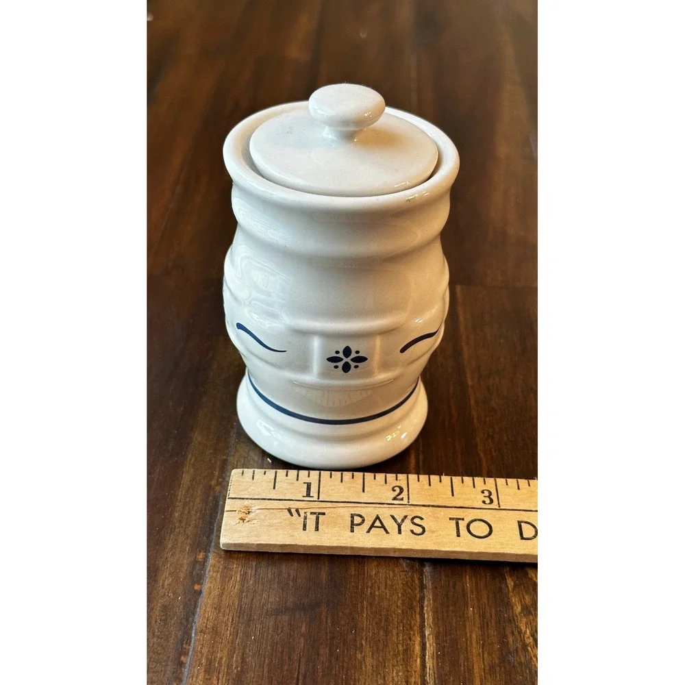 Longaberger Pottery Wov. Traditions Ivory Blue Spice Jar Canister with Lid 4.5in